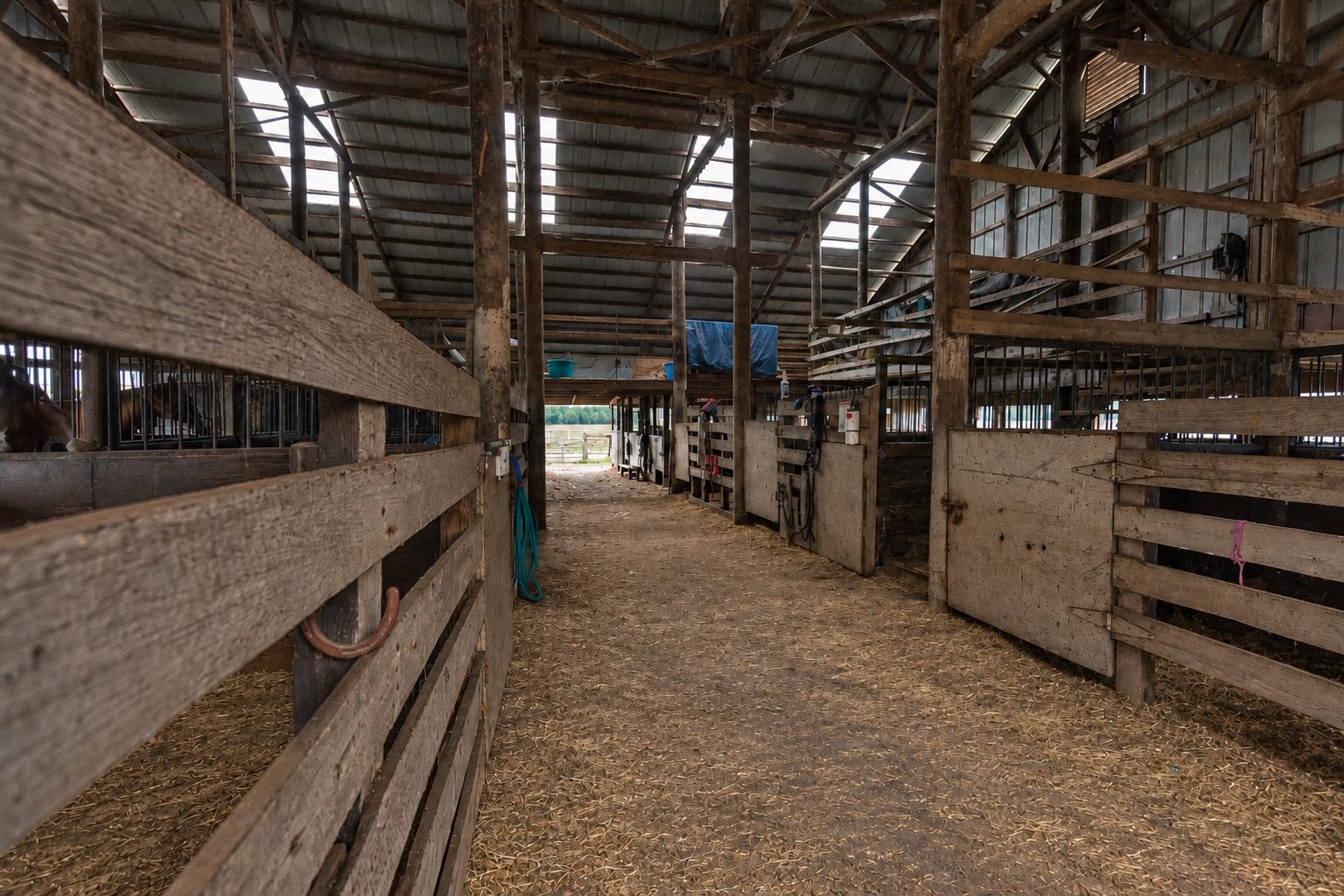 Horses in their stalls along the barn aisle at Timberlane Stables