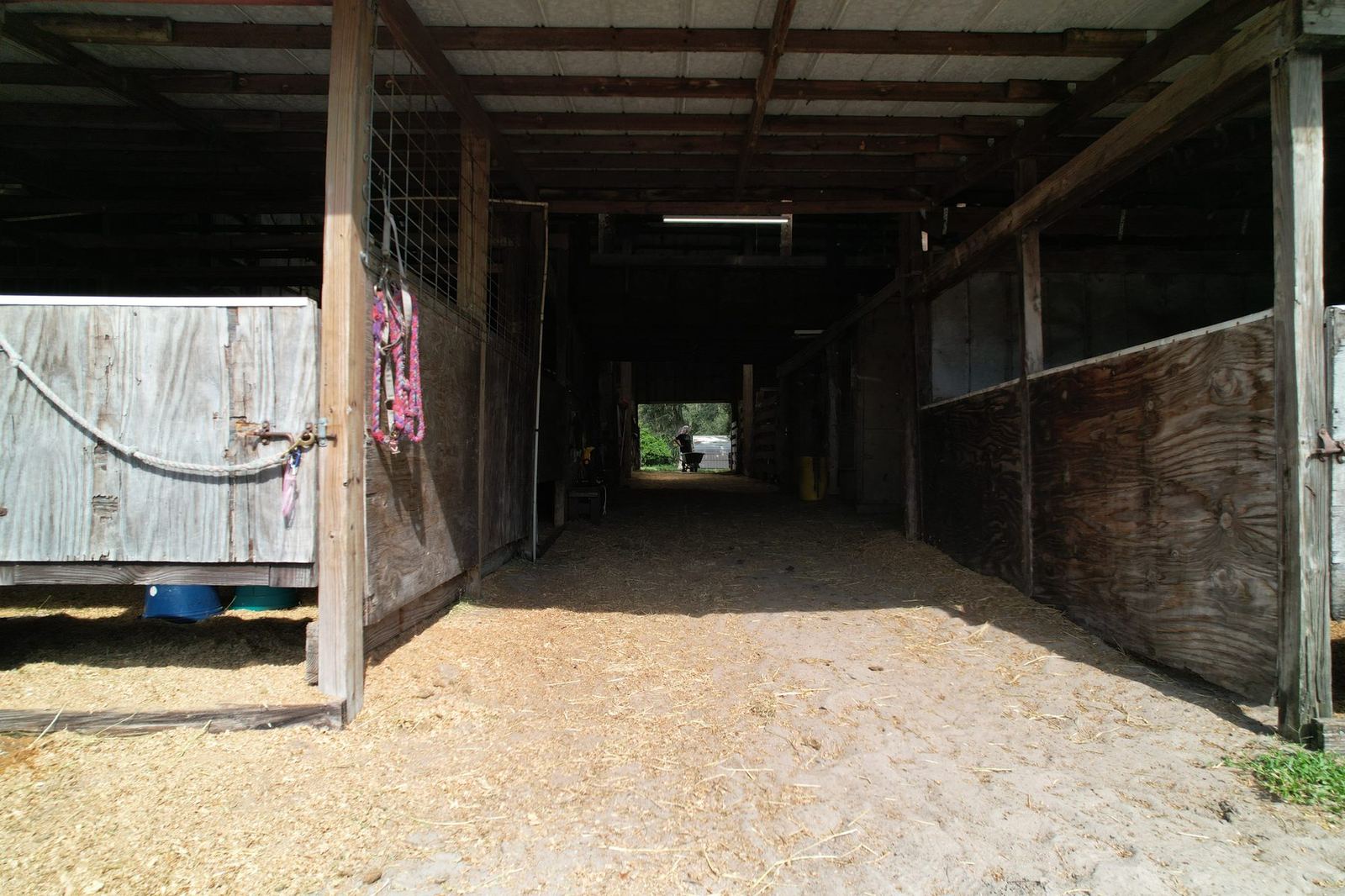 Interior barn aisle with stalls at Timberlane Stables