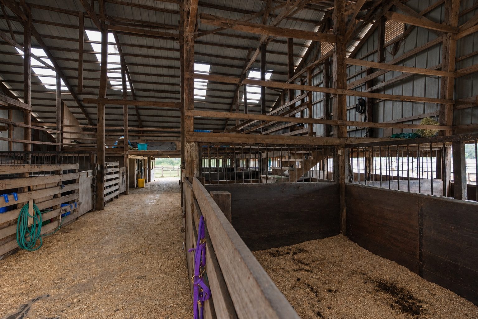 Wide interior view of the barn's open aisle and roof structure at Timberlane Stables