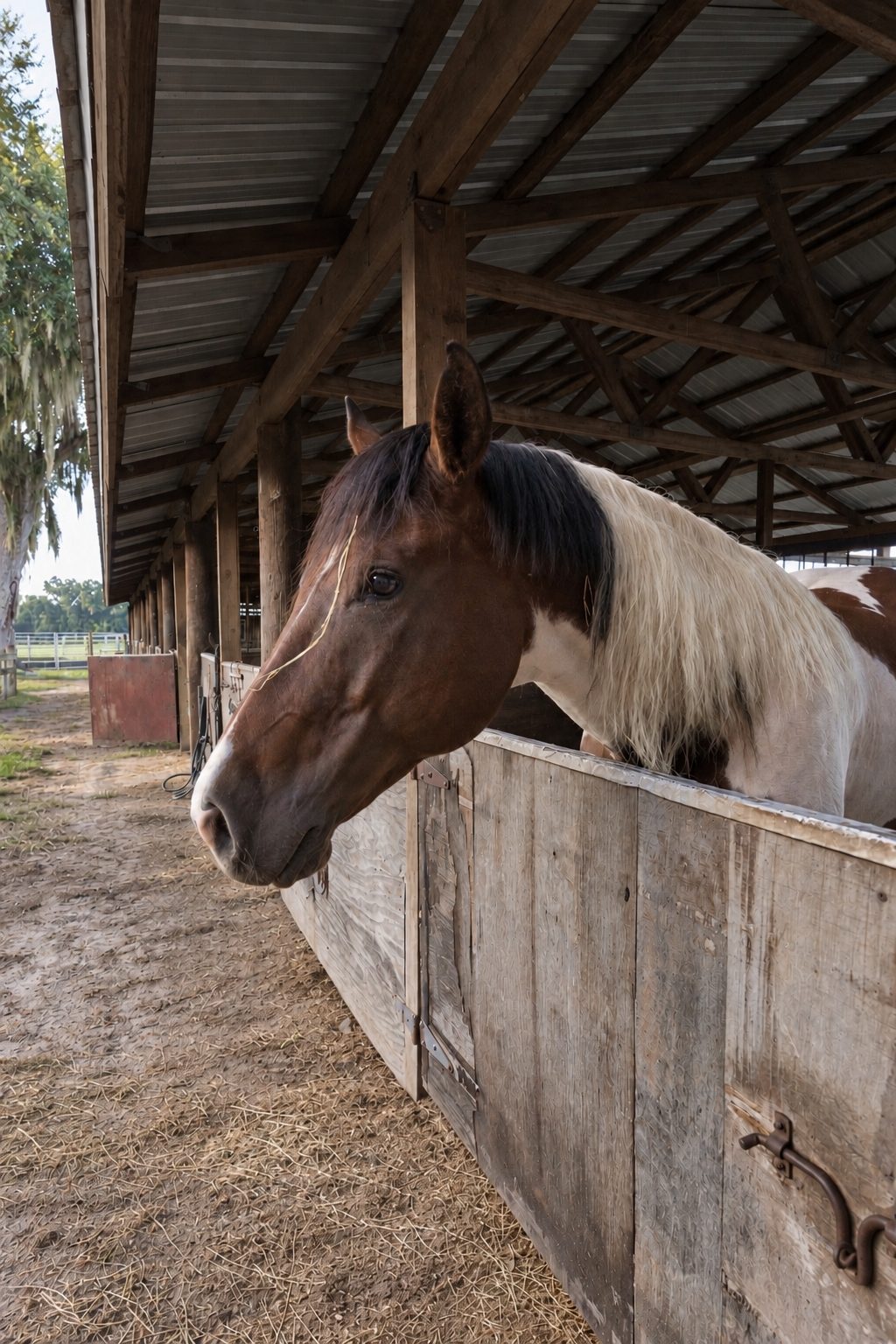 A paint horse looking out over its stall door at Timberlane Stables