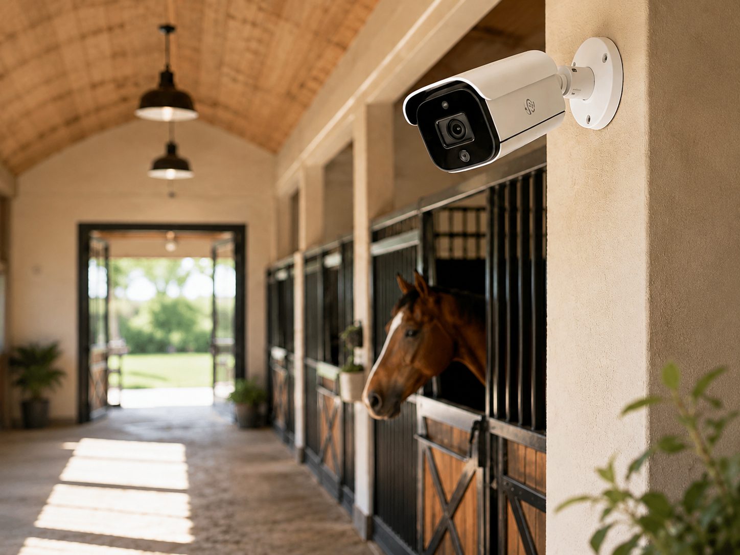 Security camera mounted in the barn aisle at Timberlane Stables