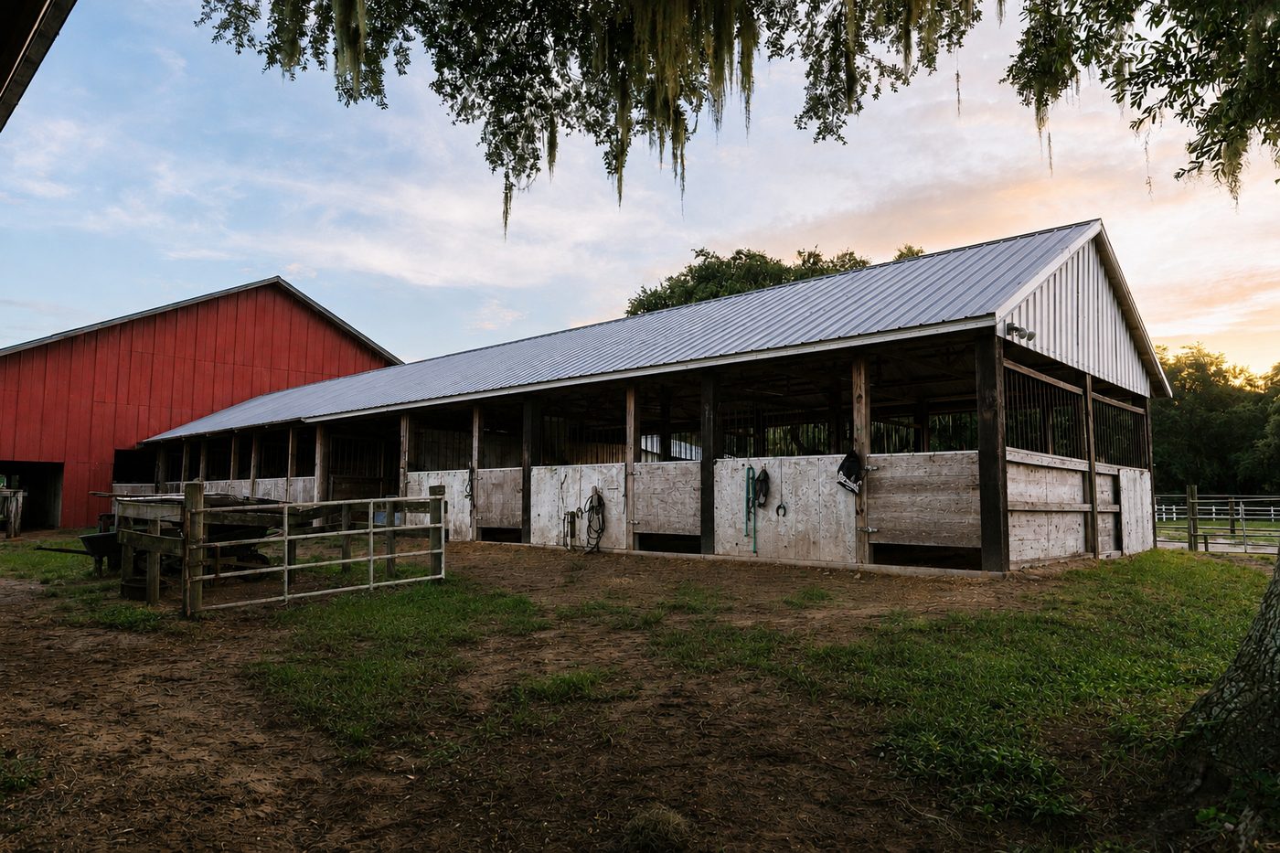 Shedrow barn stalls with the red barn behind, at Timberlane Stables